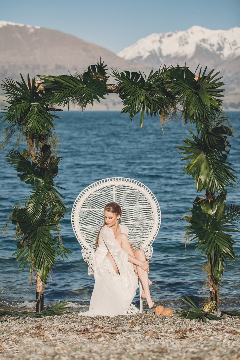 Bridal arch by The Flower Room for lake side wedding editorial in Queenstown New Zealand