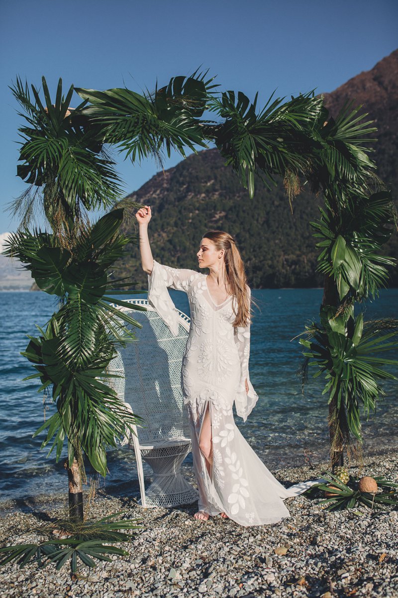 Wedding editorial shoot with bride wearing Rue De Seine wedding dress at Bobs Cove Queenstown New Zealand