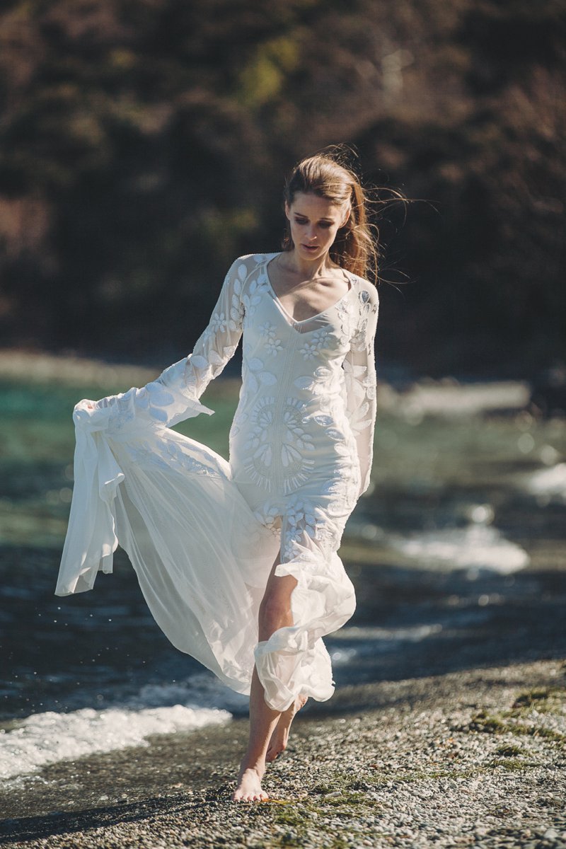 Wedding editorial shoot with bride wearing Rue De Seine wedding dress at Bobs Cove Queenstown New Zealand