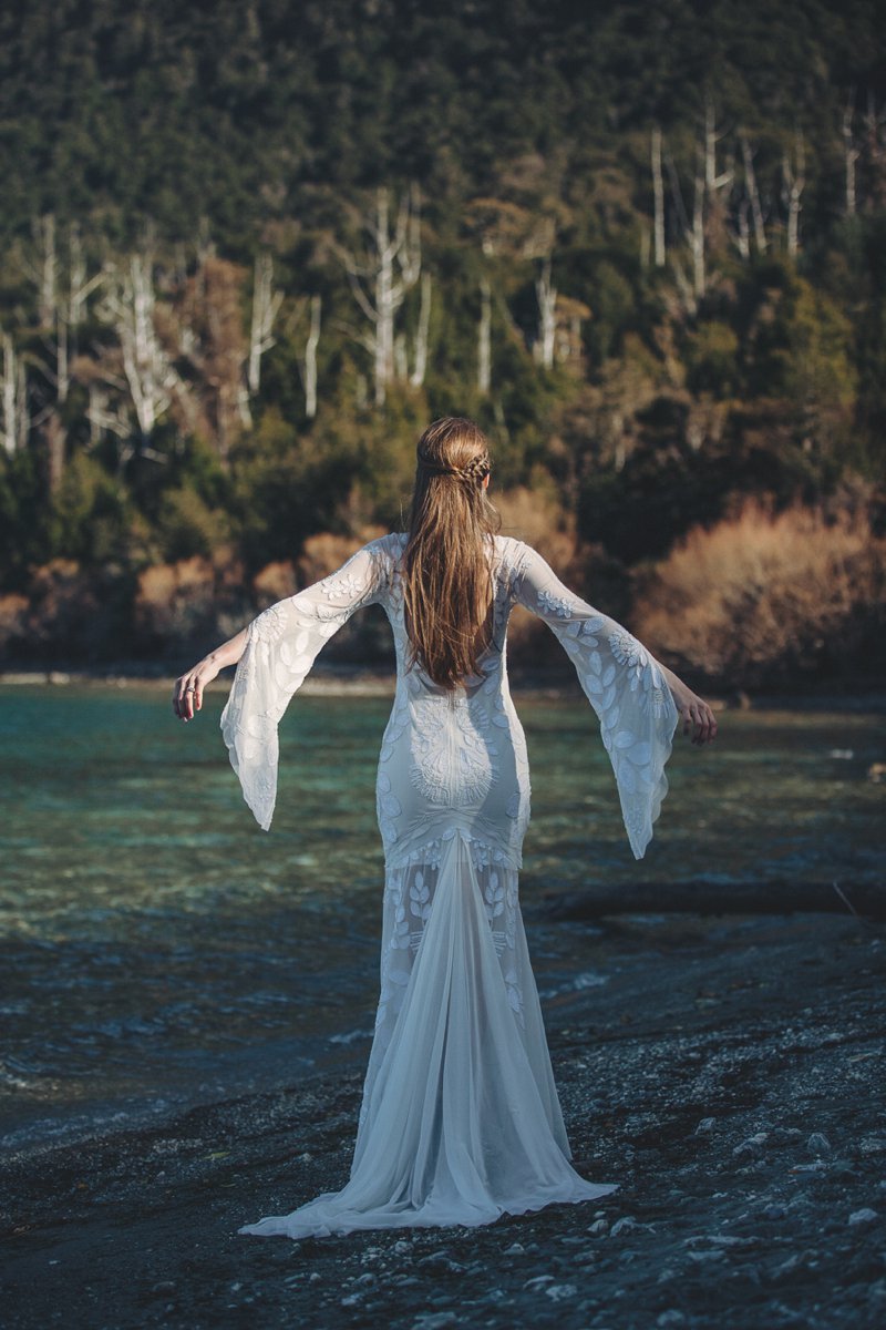 Wedding editorial with bride wearing Rue De Seine Zeppelin wedding gown at lake side wedding in Queenstown New Zealand
