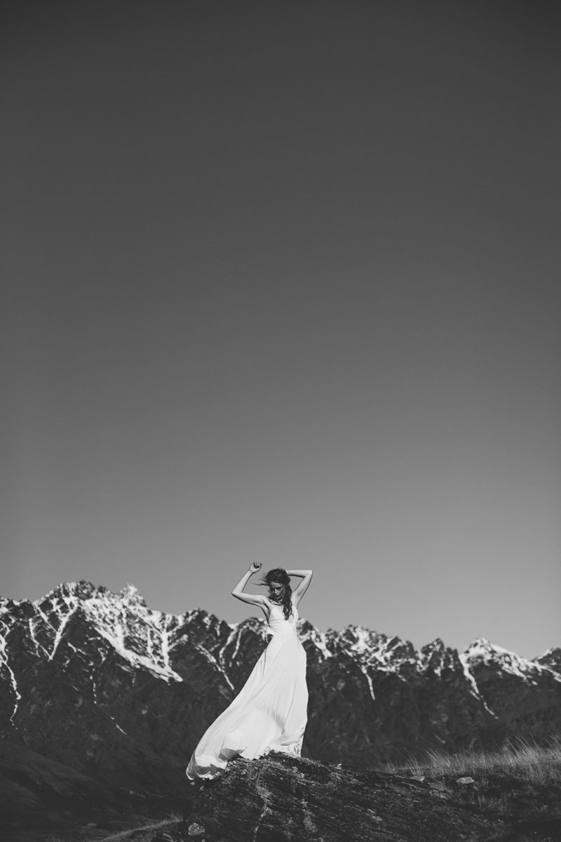 NZ High Country wedding venue with views of The Remarkables and bride wearing Rue De Seine Mackenzie gown