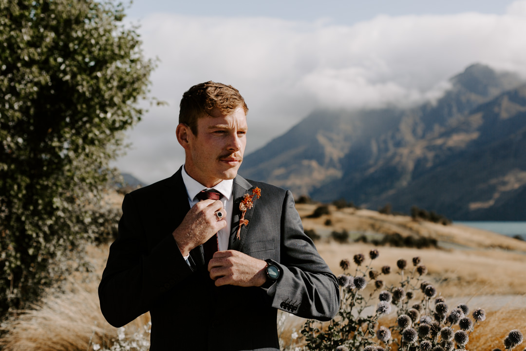 Groom at Jacks Retreat Elopement Wedding in Queenstown, New Zealand by Dawn Thomson Photography