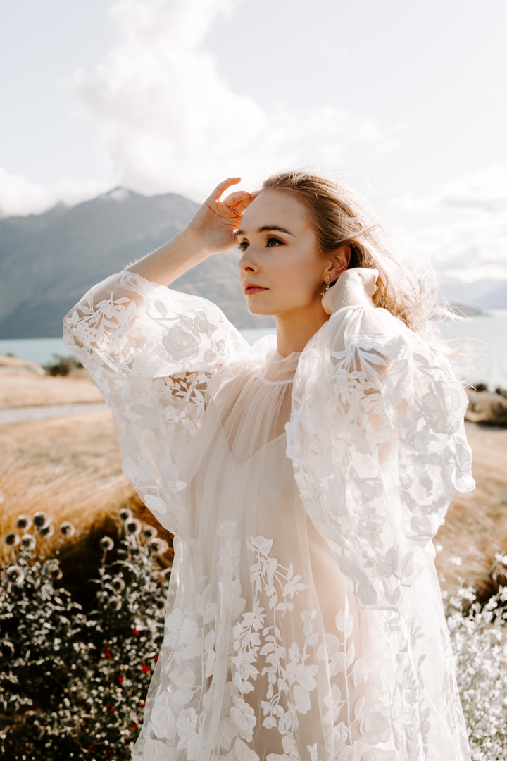Bride wearing Brooke Tyson Flora gown at Jacks Retreat Elopement Wedding in Queenstown, New Zealand by Dawn Thomson Photography