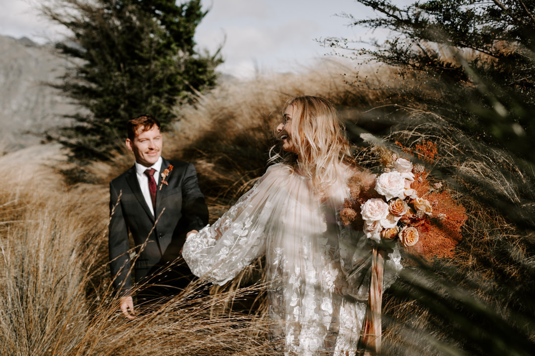 Bride and groom at Jacks Retreat Elopement Wedding in Queenstown, New Zealand by Dawn Thomson Photography