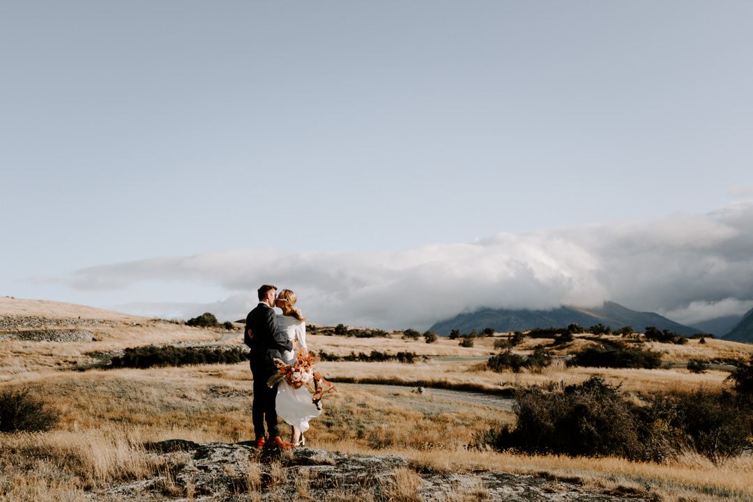 Bride and groom at Jacks Retreat Elopement Wedding in Queenstown, New Zealand by Dawn Thomson Photography