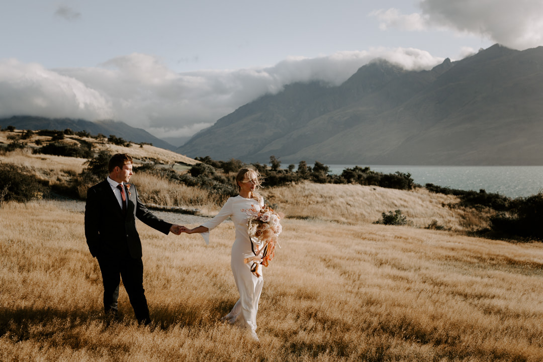 Golden hour at summer wedding at Jacks Retreat Elopement Wedding in Queenstown, New Zealand by Dawn Thomson Photography